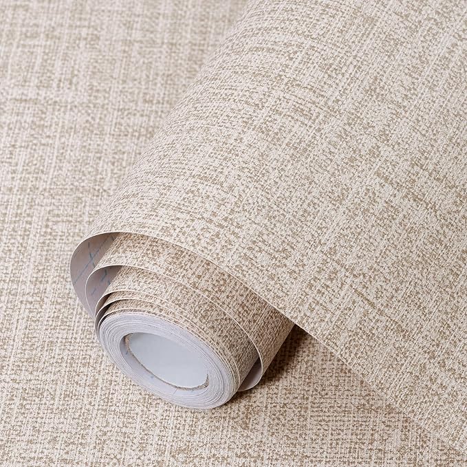 Khaki Grasscloth Peel and Stick Wallpaper 17.3"x300" Faux Linen Textured Contact Paper Removable Self Adhesive Vinyl Wallpaper for Bedroom Bathroom by Uooar