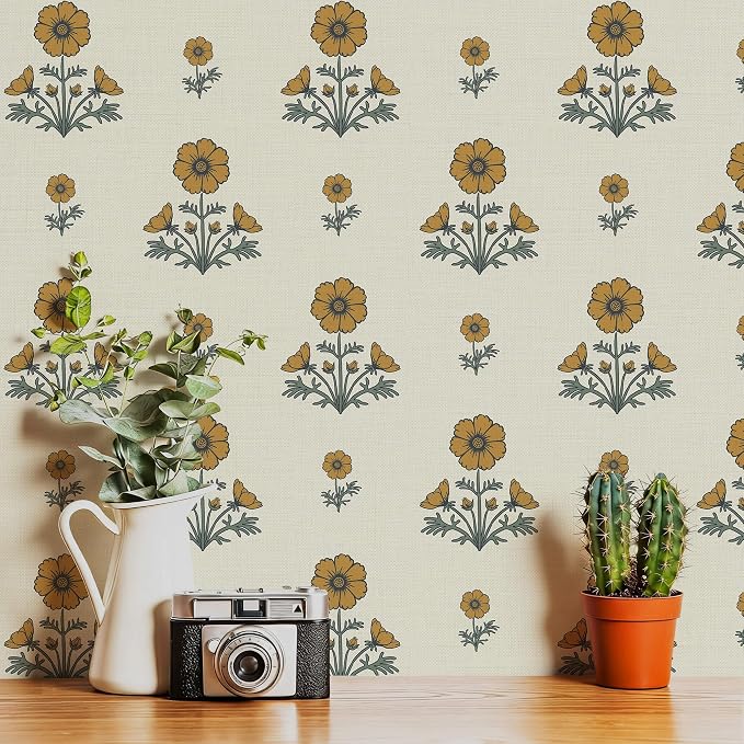 Vintage Floral Wallpaper Floral Peel and Stick Wallpaper for Bathroom 393"×17.3" Daisy Wall Paper Yellow and Green Cottagecore Contact Paper for Nursery Kitchen Self-Adhesive Vinyl Waterproof by Fiula
