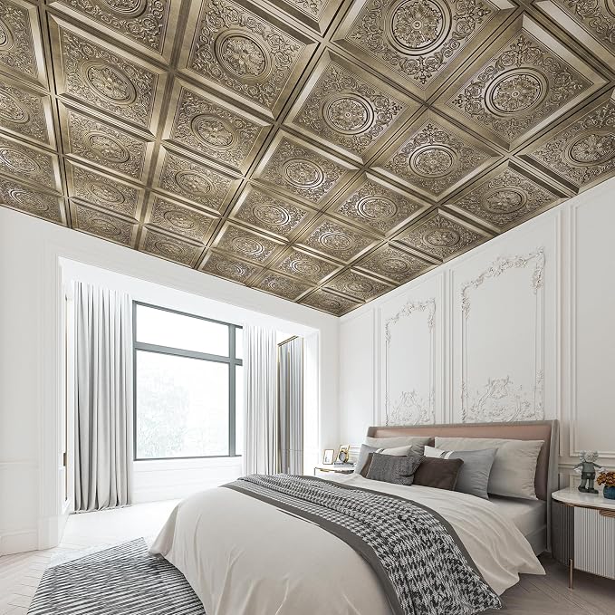 WOWSTAR 12-Pack 24"x24" Drop Ceiling Tiles, Vintage Style Waterproof Glue up Ceiling Panels Decor, Antique Gold | PVC ceiling panels, 24"x24", waterproof, glue-up install, basement kitchen bathroom, 12-pack, set B - Image 7