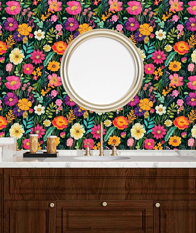 BOKEBEVE Floral Wallpaper Peel and Stick Boho Green Colorful 17.5 x 118In | Removable Self Adhesive Renter Friendly Vintage Flower Wall Paper for Bedroom Bathroom Living Room Feature Accent Wall - Image 3