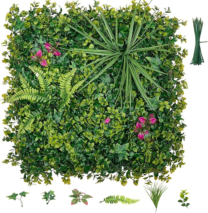 VEVOR Artificial Plant Wall, 16PCS 20 x 20 in Artificial Boxwood Panels, Greenery Backdrop Privacy Hedge Fence with Sun Protection, Fake Grass Wall Screen for Wedding, Indoor, Outdoor GardenMixed Leaf by VEVOR