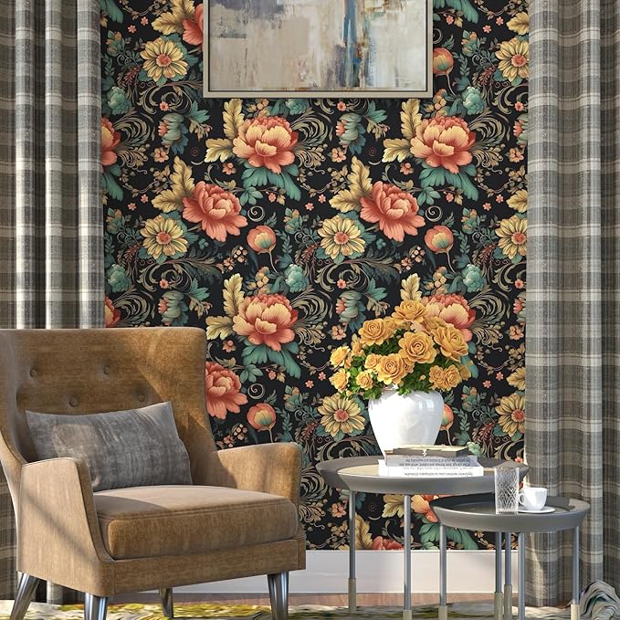 BOKEBEVE Floral Wallpaper Peel and Stick Vintage Black Orange 17.5 x 118In | Removable Self Adhesive Renter Friendly Boho Leaf Wall Paper for Bedroom Bathroom Living Room Feature Accent Wall - Image 3