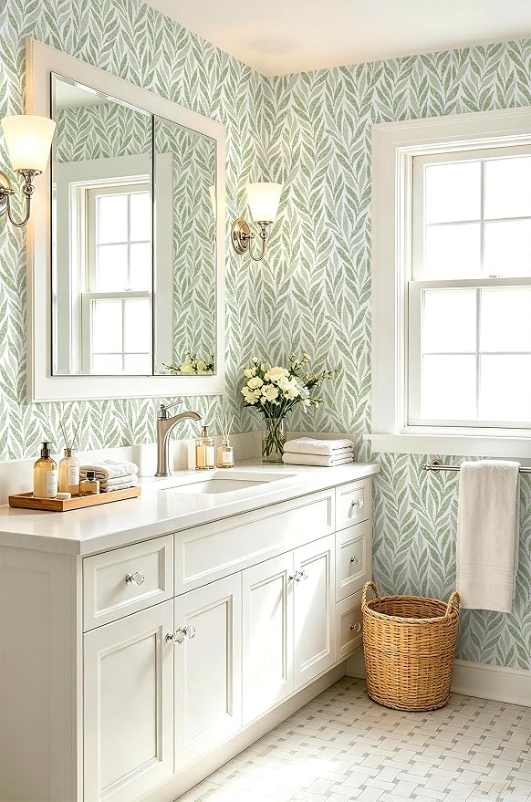 Safiyya Green Leaf Peel and Stick Wallpaper 787"x17.3" Boho Modern Farmhouse Wall Paper Sage Contact Paper Waterproof Self Adhesive Removable Wallpaper for Bedroom Bathroom Vinyl Roll - Image 2