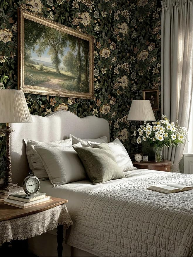 Dimoon 17.3"x78.7" Dark Wallpaper Peel and Stick Moody Vintage Victorian Floral Contact Paper Green Gothic Wallpaper for Bedroom Flower Leaf Yellow Renter Friendly Wall Paper Removable Vinyl Roll - Image 7