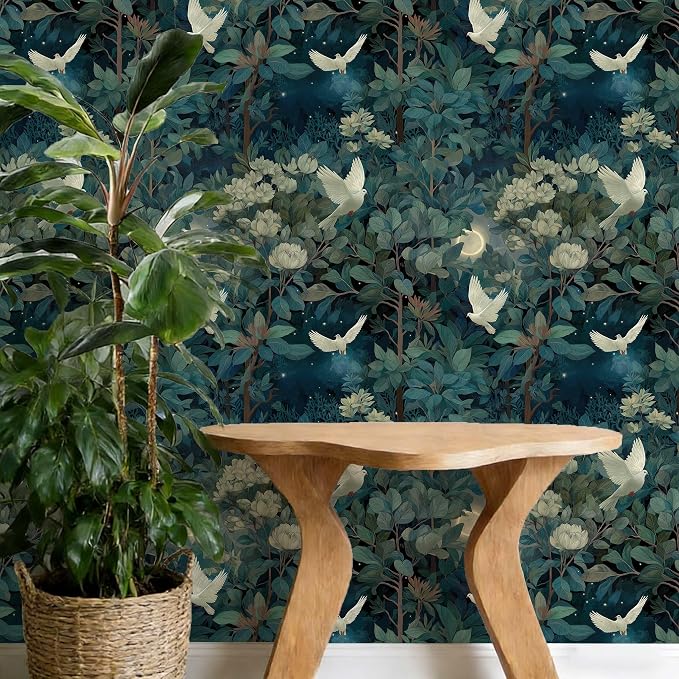 Vintage Night Dove Floral Botanical Peel and Stick Wallpaper | Deep teal moonlit forest dove and blossom print, Removable waterproof vinyl wall covering, bedroom accent wall decor - Image 5