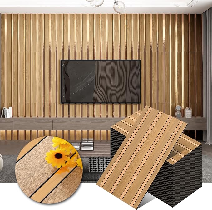 Haimin 3D Wall Panels Wood Grain Slat, 10Pcs 23.6"x11.6" Peel and Stick Self-Adhesive Textured Paneling, Easy DIY Light Luxury Decor for Bedroom Living Room Home (Light Oak with Gold) - Image 5