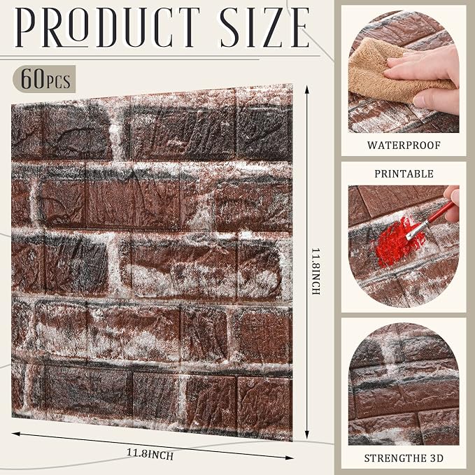 Colarr 60 Pcs 58 Sq ft 3D Wall Panels Peel and Stick Faux Foam 3D Brick Wallpaper Faux Paneling Adhesive Wall Covering Panels Decorative Medieval Tiles Waterproof for Bedroom(Red Brick Color) - Image 2