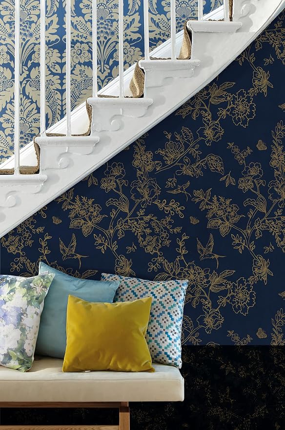 Froluya Dark Blue Peel and Stick Wallpaper Vintage Floral 17.7in×393.7in | Navy Blue and Gold Floral Self Adhesive Wall Paper Dark Birds Removable Decorative Contact Paper for Bathroom Cabinets Vinyl - Image 3