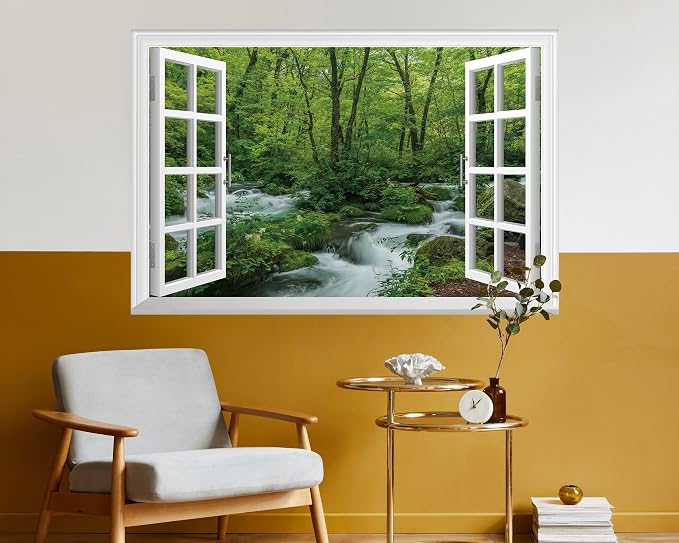 FLFK Fake Window Wall Mural - Streams in The Jungle Faux Window Wall Sticker for Wall Decor, Stick and Peel Wall Decals,48"x32",Set of 2 Sheets - Image 4
