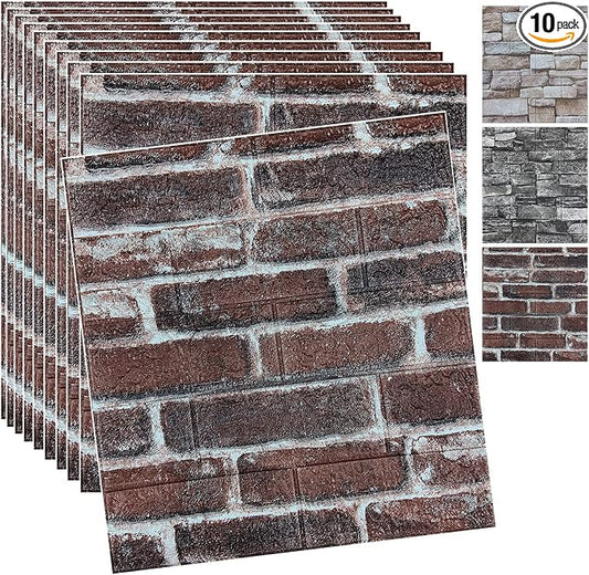 10PCS 3D Wall Panels Peel and Stick 3D Brick Wallpaper Peel and Stick Faux Stone Wall Panel Foam Brick Self-Adhesive Wallpaper (Red,10pcs) by YLLYLL