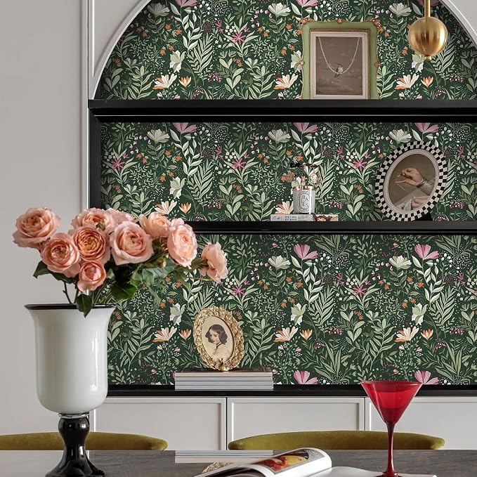 Fititem Green Floral Peel and Stick Wallpaper Boho Dark Vintage 17.3”×197” | Floral Self Adhesive Contact Paper Botanical Nature Removable Wildflower Wallpaper Waterproof Wallpaper for Bathroom Bedroom - Image 5