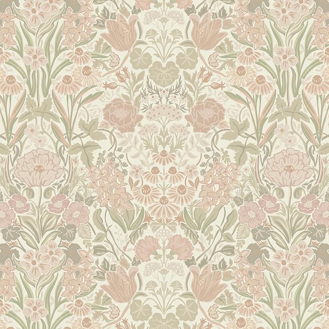 Heroad Vintage Peel and Stick Wallpaper Pink and Green Floral Contact Paper | Boho Damask Wallpaper,17.3''x393'',Removable Renter Friendly Wall Paper for Bathroom Bedroom Laundry,Self Adhesive Vinyl by HeroadBrand