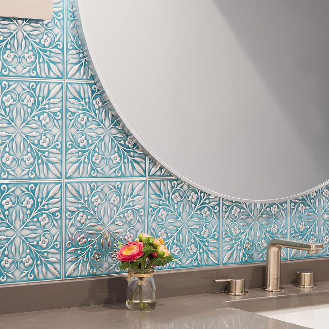 Peel and Stick Metal Tiles, Teal & Silver Leaves, 10-Pack | 8 x 8 in tile size; Covers up to 4.44 sq ft; Aluminum; Water-resistant surface; For kitchens, ceilings, DIY projects - Image 6