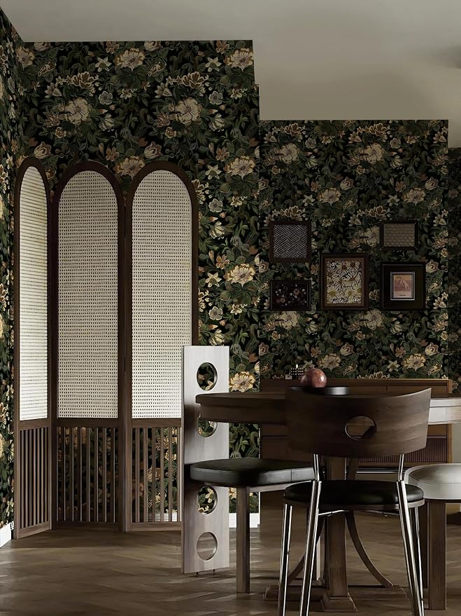 Dimoon 17.3"x78.7" Dark Wallpaper Peel and Stick Moody Vintage Victorian Floral Contact Paper Green Gothic Wallpaper for Bedroom Flower Leaf Yellow Renter Friendly Wall Paper Removable Vinyl Roll - Image 9