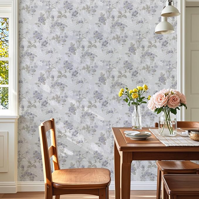 Ismoon Vintage Wallpaper Floral Peel and Stick Wallpaper 17.3in x6.56ft Gray Country Retro Flower Wall Paper Texture Removable Stick on Wall Paper for Bathroom Cabinets Countertops Self-Adhesive Vinyl - Image 6