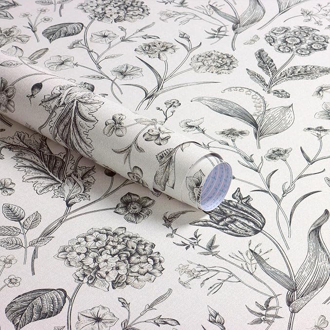 Beige and Black Floral Peel and Stick Wallpaper Floral 17in x 197in | Botanical Wallpaper Vintage Contact Paper Black Flower Removable Wall Paper for Bathroom Bedroom Boho Self Adhesive Vinyl - Image 5
