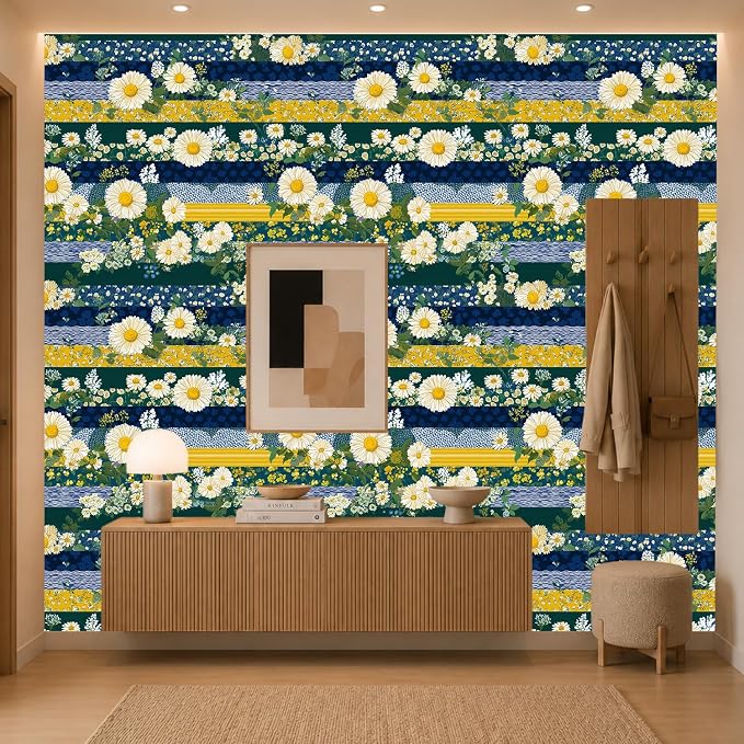 Striped and Multicolored Flowers Removable Self-Adhesive Wallpaper for Bedroom & Living Room Decor 17.7×236 Inch,Waterproof Wall Covering for Accent Walls, Apartment, Nursery - Image 5