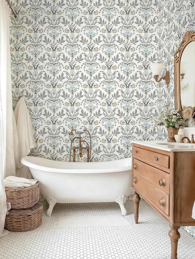 Dimoon Vintage Peel and Stick Wallpaper Boho Floral Leaf Contact Paper 197''x17.3'' Beige Grey Botanical Cottage Core Wallpaper Renter Friendly Damask Wall Paper for Bedroom Bathroom Decor Vinyl - Image 9