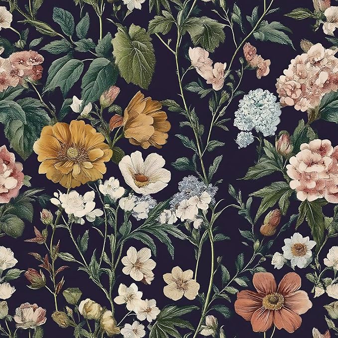 Livebor Floral Peel and Stick Wallpaper Floral Contact Paper 16.9"x118.1" | Dark Flower Wallpaper Neutral Boho Self Adhesive Removable Wall Paper for Cabinets Bathroom Waterproof Decorative Vinyl by LiveborDirectWallpaper