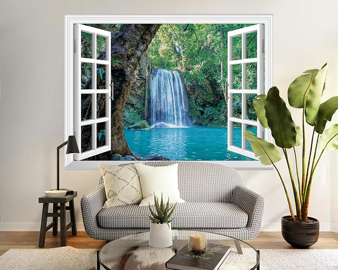 FLFK Fake Window Wall Mural - Waterfall and Lake in The Jungle Faux Window Wall Decal for Wall Decor, Peel and Stick Wall Sticker,80"x60",Set of 5 Sheets - Image 5