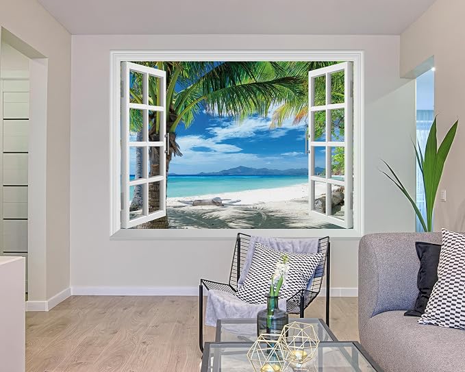 FLFK Fake Window Wall Mural - Beach Palm Trees Faux Window Wall Sticker for Wall Decor, Stick and Peel Wall Decals,80"x60",Set of 5 Sheets - Image 5
