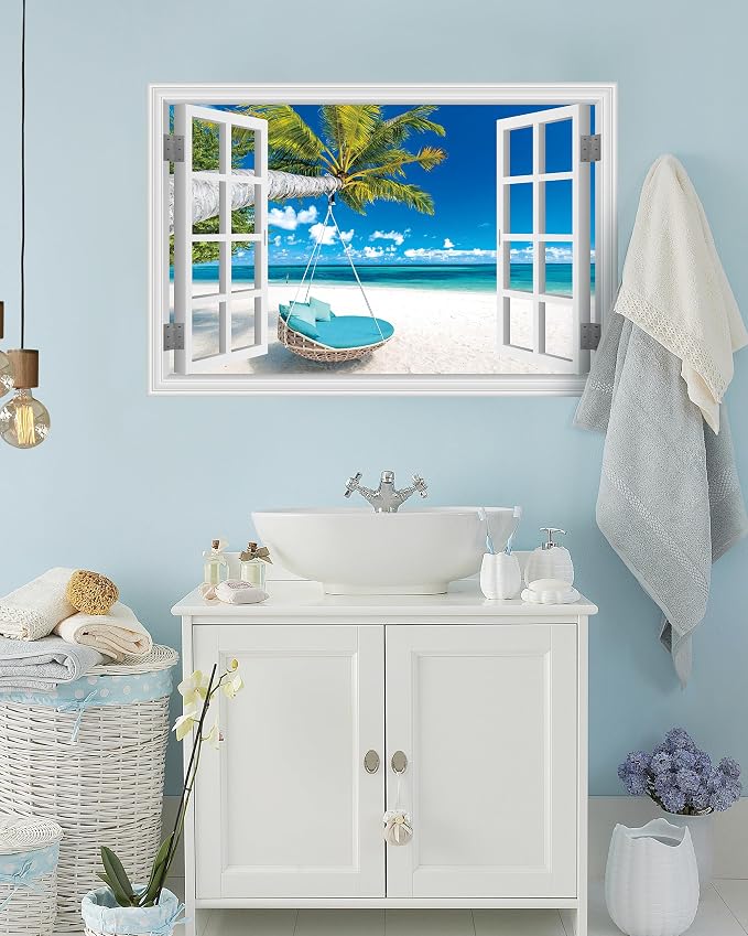 FLFK Fake Window Wall Decal, Tropical Beach Paradise with Turquoise Ocean, White Frame, Peel and Stick, 48 x 32 Inches,for Living Rooms, bedrooms, and Offices - Image 3