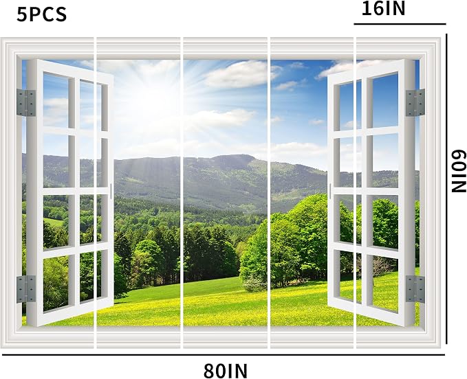 FLFK Fake Window Wall Sticker - Landscape Faux Window Wall Mural for Wall Decor, Stick and Peel Wall Decals,80"x60",Set of 5 Sheets - Image 4