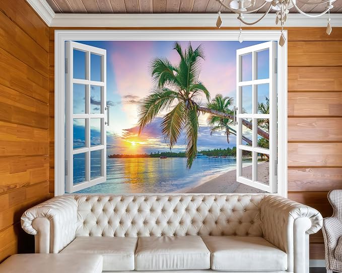 FLFK Fake Window Wall Mural - Sunrise Over the Sea Faux Window Wall Sticker for Wall Decor, Stick and Peel Wall Decals,80"x60",Set of 5 Sheets - Image 4