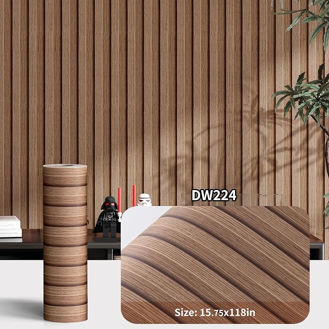 Haimin Wood Grain Slat Wall Panels Peel and Stick Faux Wood Thick Wallpaper | 118"x15.75" Waterproof PET & IXPE Foam Paneling Adhesive Smooth Beadboard Wallpaper Wall Covering Panels (Brown) - Image 2