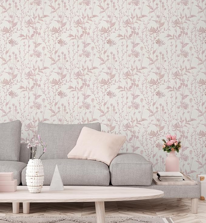 HeloHo Peel and Stick Wallpaper Pink Floral Leaf Wall Paper Self Adhesive Removable Waterproof Contact Paper for Living Room Bedroom Decor 16.1" X 394" - Image 3