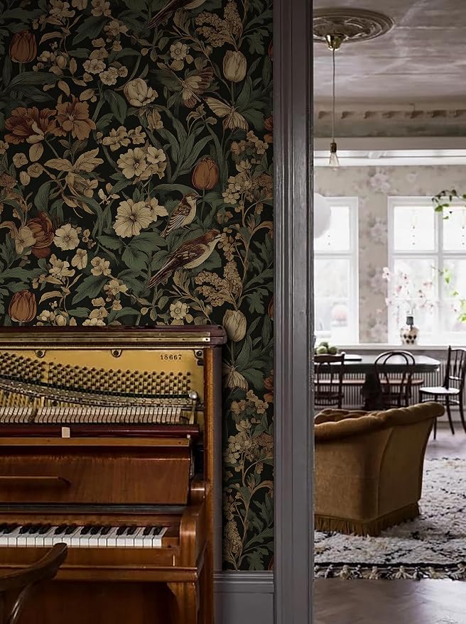 Erfoni Vintage Floral Peel and Stick Wallpaper Dark Floral and Birds | 17.3" x118" Contact Paper DIY Self Adhesive Removable Wallpaper for Bedroom Cabinets Decor Retro Boho Flower Leaf Wall Paper - Image 5