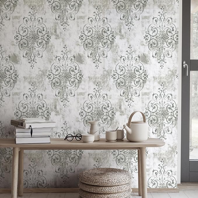 HAOKHOME White Gray Damask Peel and Stick Wallpaper Vintage Victorian | Textured Removable Wall Paper Victorian Farmhouse French Country Waterproof Neutral Brown Bathroom Bedroom 17.3in x 9.8ft - Image 2