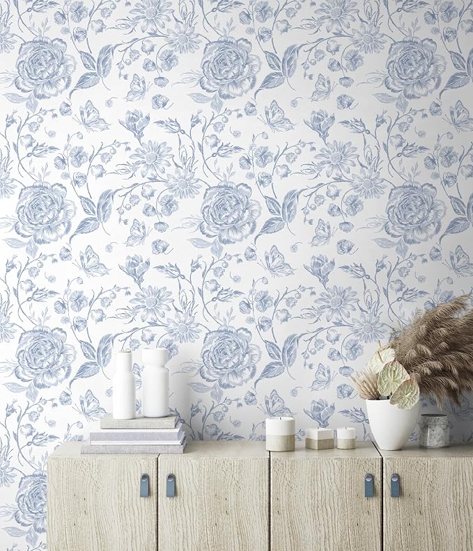 Peel and Stick Wallpaper Floral Wall Paper Boho Embroidered Contact Paper Bedroom Bathroom Wallpaper Navy Blue and White Removable Self-Adhesive Kitchen Wall Decor Vinyl Roll 17.3" x 394" - Image 5