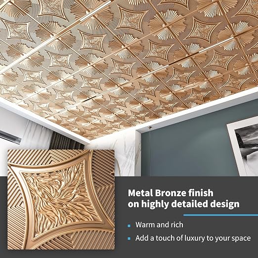 Art3d 12-Pack Waterproof 3D Drop Ceiling Tiles, 24 x 24 in, Bronze | PVC, Lightweight, No Sag and Breakage, Easy to Clean, Compatible with Grid System, Perfect for Basement, Kitchen - Image 3
