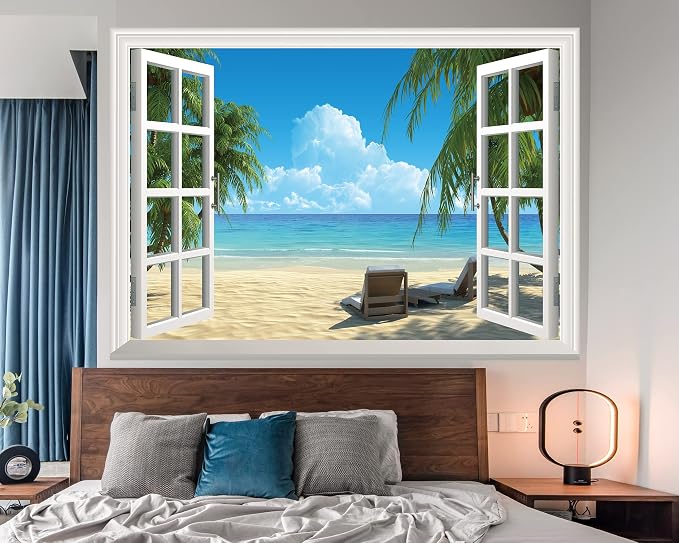 FLFK Fake Window Wall Sticker - Summer Beach Faux Window Wall Mural for Wall Decor, Stick and Peel Wall Decals,80"x60",Set of 5 Sheets - Image 3