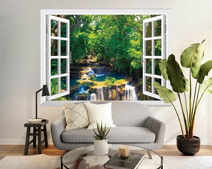 FLFK Fake Window Wall Mural - Jungle Waterfall Faux Window Wall Decal for Wall Decor, Peel and Stick Wall Sticker,80"x60",Set of 5 Sheets - Image 5