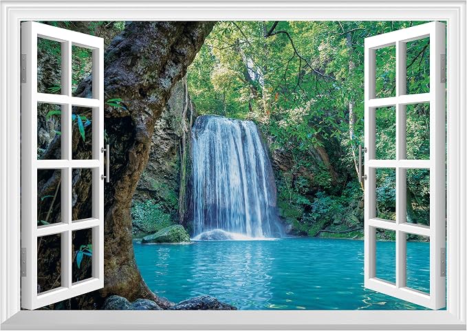 FLFK Fake Window Wall Decal - Waterfall and Lake in The Jungle Faux Window Wall Mural for Wall Decor, Peel and Stick Wall Sticker,24"x16" by FLFK