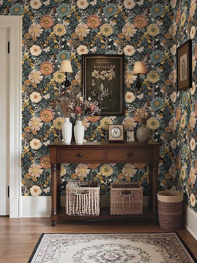 Dimoon Boho Retro Wallpaper Peel and Stick Wallpaper Vintage Floral Contact Paper 17.3''x197'' Dark Black Bohemian Removable Wall Paper Renter Friendly Waterproof Wall Mural Bedroom Bathroom Vinyl - Image 6