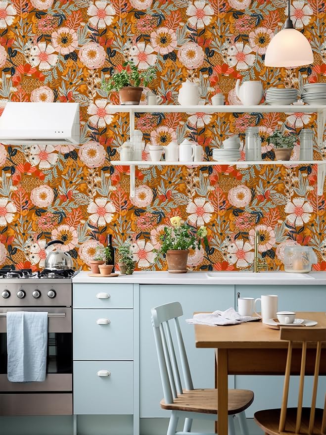 HAOKHOME Boho Wallpaper Peel and Stick Floral Retro Orange Pink Colorful | Botanical Textured Wall Paper Vintage Renter Friendly Removable Flower Bathroom Bedroom Nursery Accent Decor 17.3in x 9.8ft - Image 3