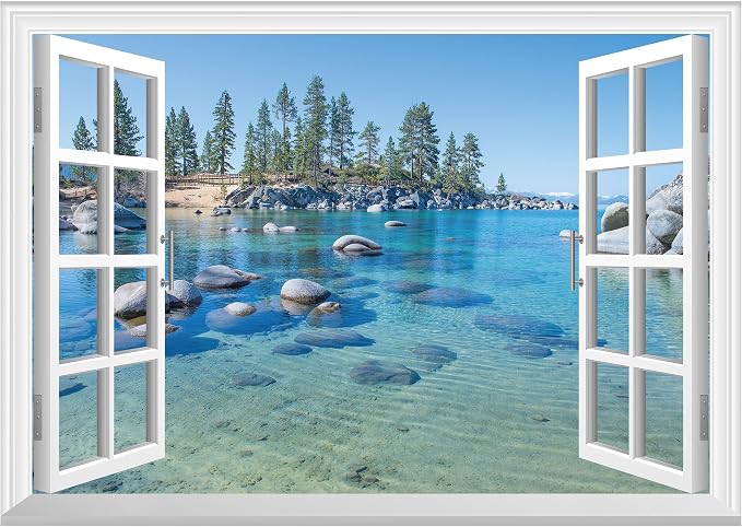 FLFK Fake Window Wall Sticker - A Clear Blue Lake Faux Window Wall Mural for Wall Decor, Stick and Peel Wall Decals,24"x16" by FLFK