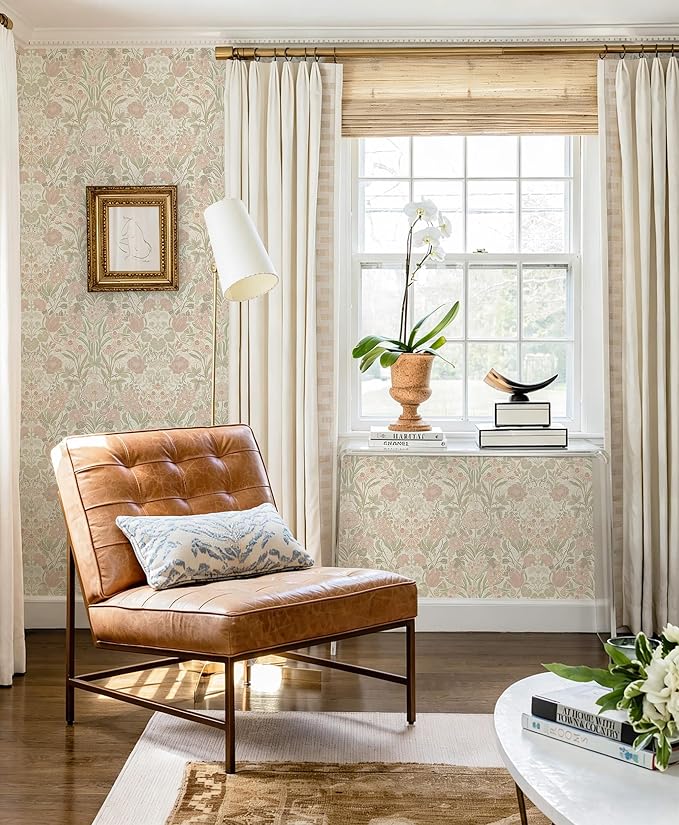 Heroad Vintage Peel and Stick Wallpaper Pink and Green Floral Contact Paper | Boho Damask Wallpaper,17.3''x393'',Removable Renter Friendly Wall Paper for Bathroom Bedroom Laundry,Self Adhesive Vinyl - Image 5