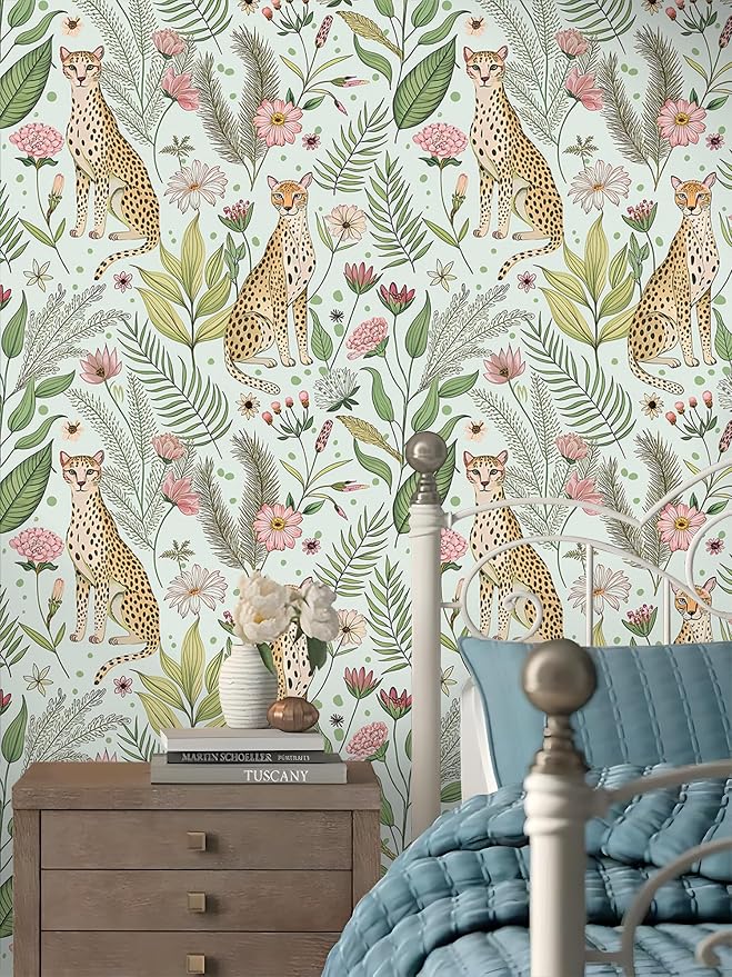 Floralplus Jungle Leopard Wallpaper Peel and Stick Wallpaper Removable Vintage Floral Wall Paper for Bathroom Renter Friendly Textured Stick On Vinyl Contact Paper Home Decor 17.5 x 393 in - Image 7