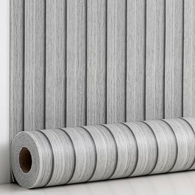 Haimin Wood Grain Slat Wall Panels Peel and Stick Faux Wood Thick Wallpaper | 118"x15.75" Waterproof PET & IXPE Foam Paneling Adhesive Smooth Beadboard Wallpaper Wall Covering Panels (Light Gray) by HaiminHomeDecorWallpaper