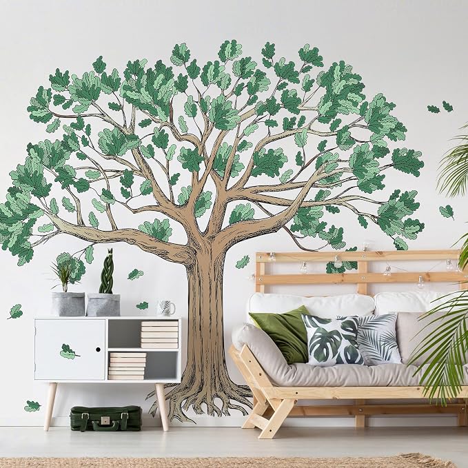 Amaonm Large Watercolor Family Tree Wall Decals 4 Pack 12x36 Inch Brown Trees with Green Leaves Peel & Stick Wall Stickers Decor for Kids Bedroom Living Room, Nursery, Classroom Home Wall (Tree) - Image 7