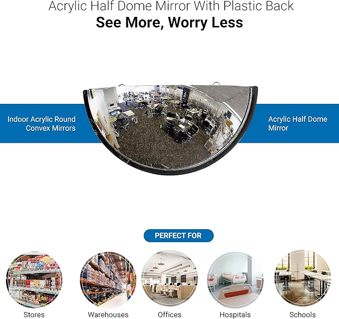 18” Acrylic Bubble Half Dome Mirror with Black Rim, Round Indoor Security Mirror for Driveway Safety Spots, Outdoor Warehouse Side View, Circular Wall Mirror for Office Use - Vision Metalizers (DPB1812) - Image 4