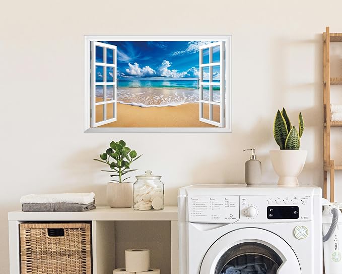 FLFK Fake Window Wall Decal - Ocean Beach Faux Window Wall Mural for Wall Decor, Peel and Stick Wall Sticker,24"x16" - Image 3