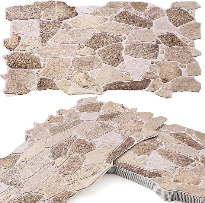 3D Faux Stone Wall Panels 12 Pack Covers 55.6 Sq ft, 38.6" x 18.9" | Peel and Stick, Lightweight PVC Wall Tiles for Interior Accent Walls Living Room TV Background Fireplace Surround(5.16m2) by Unknown