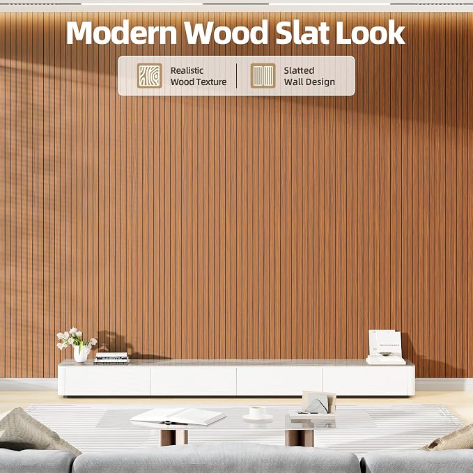 NEPIS Peel and Stick Wood Slat Wall Panel 3D PVC Faux Walnut Wood Wallpaper | 15.75"x118" Soundproof Wall Panels with Self Adhesive, Wall Coverning for Accent Walls Ceiling Bedroom Bathroom Kitchen Decor - Image 2