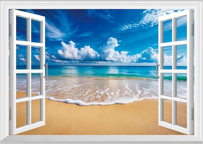 FLFK Fake Window Wall Mural - Ocean Beach Faux Window Wall Decal for Wall Decor, Peel and Stick Wall Sticker,80"x60",Set of 5 Sheets by FLFK
