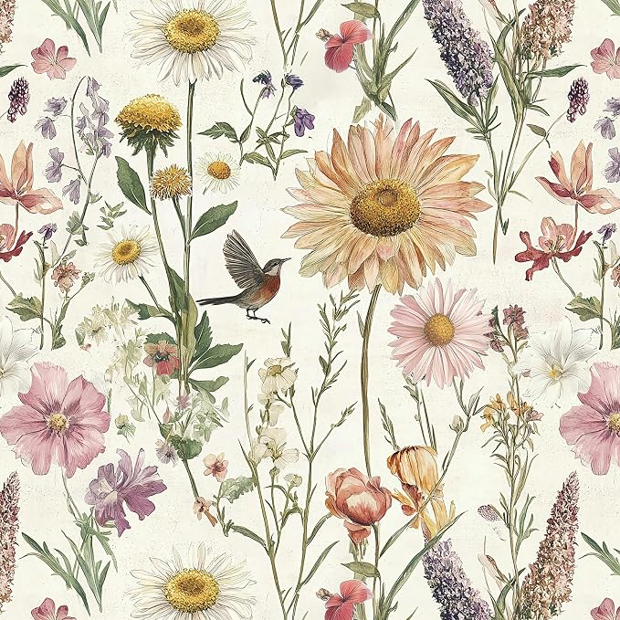 Livebor Floral Peel and Stick Wallpaper for Bathroom 16.9inch x 196.8inch | Floral Bird Contact Paper Vintage Flower Wallpaper Peel and Stick Self Adhesive Waterproof Flower Decorative Wall Paper Vinyl by LiveborDirectWallpaper